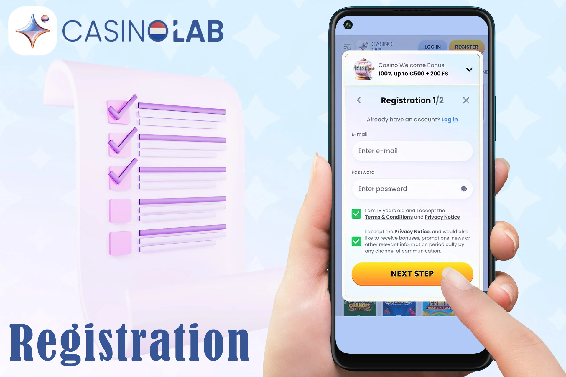 Het duurt slechts een paar minuten om een nieuw account aan te maken en in te loggen bij Casinolab.